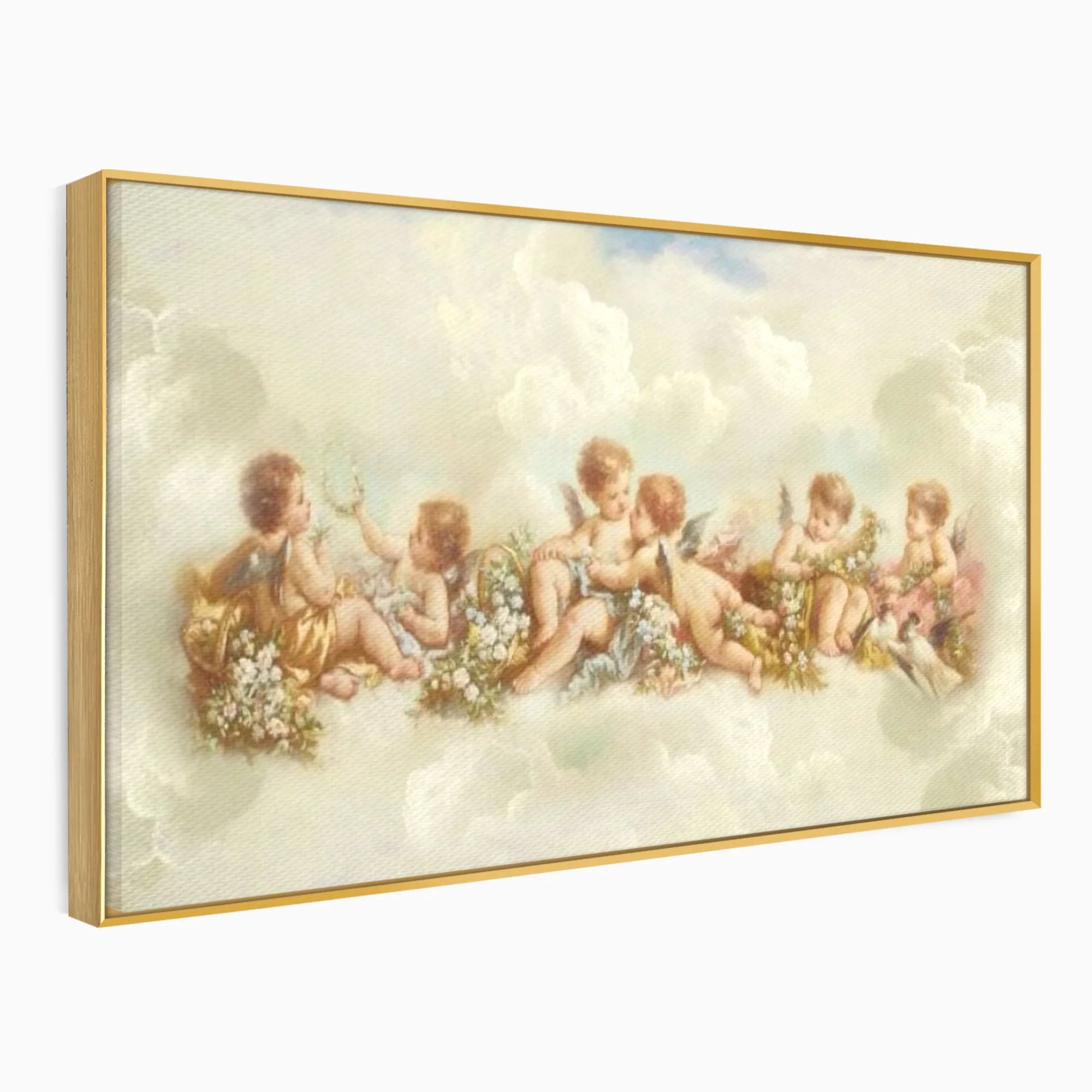 Tablou canvas cu pictura canvas cu ingerase pe nori, in rama de aluminiu auriu